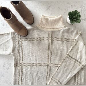 NWT | JODIFL | Grid Print Turtleneck Sweater | Cream & Taupe | Medium